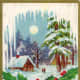 Victorian Christmas card with cabin in the winter snow with a full moon, fronted by holly and icicles