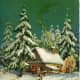 Free Victorian Christmas card with mountain cabin, snow, pine trees and December 25 calendar page
