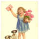 Little girl, puppies and geraniums vintage Christmas card