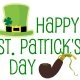 Happy St. Patrick's Day clip art with green top hat and leprechaun's pipe