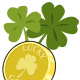 Lucky gold coin with two green St. Patrick's Day shamrocks