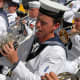 The Royal Australian Navy Band perform with the US Pacific Fleet Band at Peral harbor in 2008.
