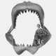 : Man sitting on Carcharodon megalodon jaws.