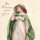 Vintage Irish pretty woman wearing a white gown and green cape for St. Patrick's Day