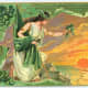 Vintage greeting card: Pretty woman dressed in white gown holding out shamrocks to the Irish sunset