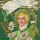 Vintage St. Patrick's Day card: Pretty woman dressed in green, surrounded white daisies