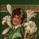 Vintage greeting card: Pretty woman dressed in green and  Easter lilies