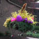 Exterior Easter Decoration with yellow forsythia and pink flowers and a purple egg