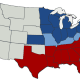Confederate states in red; Union states (blue) and territories in grey.