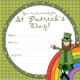 Free printable St. Patrick's Day invitation with green plaid, and a cartoon rainbow and leprechaun