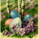 Old Russian Easter post Card. I love the trees, which I think look like river birch, and the colored eggs in the grass. Image #5