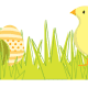 Easter scrapbook border: Colorful Easter eggs and a baby chick in the spring grass 