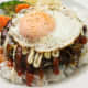 Tsukimi loco moco - fried egg on top of rice and burger with sauce