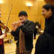 Jose Luis Gomez &amp; Oscar Edelstein clarifying details with the concert master, Daniela Muller &copy; Deborah C Procter