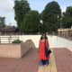 My friend, Shweta Joshi, on the bank of the SiddhaNaath Pond, facing the Temple .... The remains of the Step-well are behind her ....