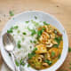 Halloumi curry with cashew nut sauce and broccoli