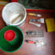 Plaster bucket and all plastering tools laid out ready for use.