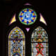 Stained-glass window at the Nativity of Mary, Blessed Virgin Catholic Church, also known as the St. Mary Catholic Church, in High Hill, a little community near Schulenburg in Fayette County, Texas