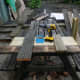 The decking pieces held together with scrap decking, in order to cut to chair profile.