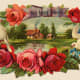 Free vintage Father's Day card: village scene with roses