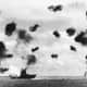 Yorktown at the moment of impact of a torpedo from a Nakajima B5N of Lieutenant Hashimoto's 2nd chūtai