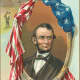 Old postcard portrait of Abraham Lincoln showing his log cabin boyhood home and the home in Springfield, Illinois he lived in as an adult