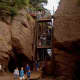 The grated stares that allow people to go up and down depending on tide. Very tight fit when busy.