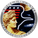 This is the official emblem of the Apollo 17 lunar landing mission which was flown by astronauts Eugene A. Cernan, Ronald E. Evans and Harrison H. Schmitt. The insignia is dominated by the image of Apollo, the Greek sun god. Suspended in space behind