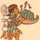 A depiction of an Aztec conch shell trumpeter.