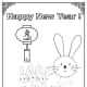 This printable coloring sheet includes an image of a rabbit along with a lantern that has the character for “rabbit,” and also Chinese writing that says “Happy New Year!”