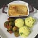 Pigeon and bell pepper pie with turmeric mash and sprouts in chilli sauce