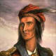 A popular image of Tecumseh he often wore a silver ring through his septum. By Benson Lossing in 1840 based on 1808 drawing.