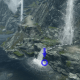 The chest's location underneath the bottom of the waterfall, circled in blue.