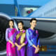 Thai Airline flight attendants in their Thai traditional uniform worn when in the plane