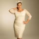 Angeline lace wedding dress. A classically designed dress made for the curvy bride-to-be. Exquisite on or off-shoulder details and 3/4-length scalloped sleeves and a scalloped, ballerina neckline, just-below-the-knee skirt