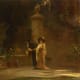 1800s painting of a wealthy husband and wife walking in a park with their baby.