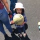 Playing with a ball outside.