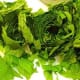 Mint leaves tightly rolled together and chopped