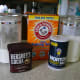 The dry ingredients for Wacky Cake: flour, baking soda, cocoa powder, and sugar.