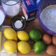Lemon and lime cake ingredients - castor sugar, buttermilk, salt, bicarbonate of soda, icing sugar, flour, butter, lemons, limes, eggs. Not pictured - vanilla essence.