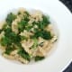 Kale and pasta bed is arranged for kippers