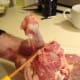 Scraping leg muscle from the bone.