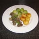 Chicken liver and mushroom casserole, served with pan roasted baby new potatoes and Brussels sprouts.
