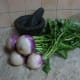 Turnips with the green tops still attached