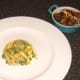 Duck egg fried rice and duck, pineappl and cashew stir fry are served separately