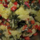 Smashed potatoes, red bell pepper, chili flakes and minced kale from a jar.