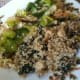 Flounder in teriyaki sauce with Bulgur (Turkish grain) and portobello mushrooms.