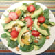 Spinach Salad: Baby spinach, avocado slices, fresh orange bits, almonds, feta cheese and sliced strawberries.