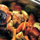 Roast orange chicken and roast vegetables.