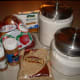 First get all your ingredients together. Apples, cinnamon, butter, sugar, flour, brown sugar, and nutmeg.